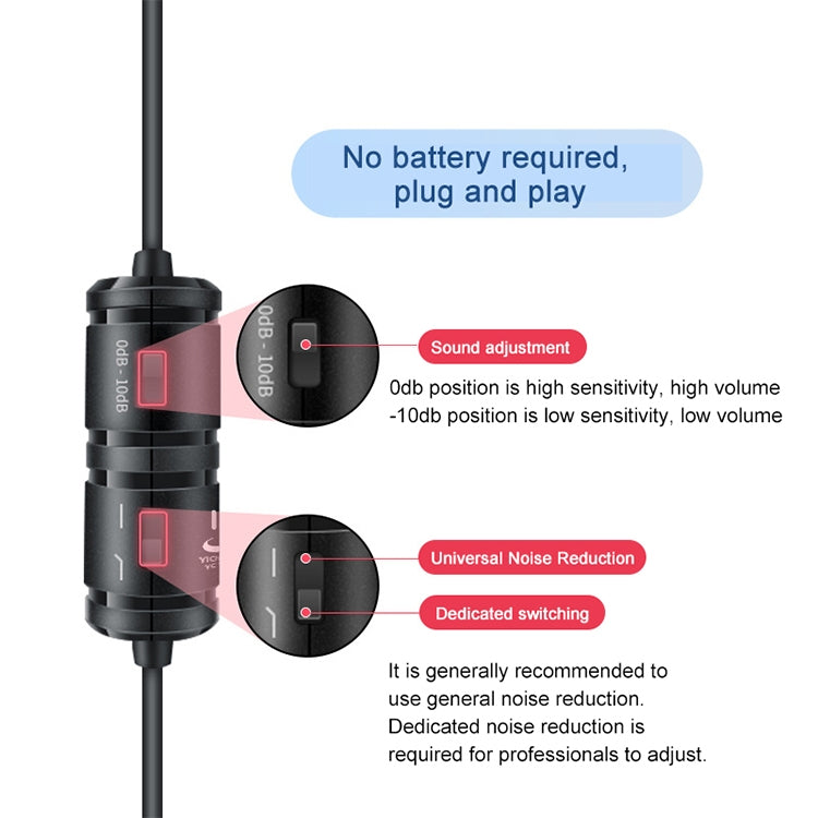 YICHUANG YC-VM40 8 Pin Port Dual Modes ไมโครโฟนบันทึกแบบหนีบเสื้อ, ความยาวสายเคเบิล: 6 ม., YC-VM40