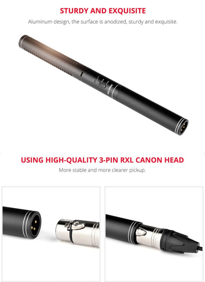YELANGU YLG9933A MIC07 Professional Interview Condenser วิดีโอไมโครโฟน Shotgun พร้อมอะแดปเตอร์เสียง 6.5 มม. และสายสัญญาณเสียง RXL 3.5 มม.