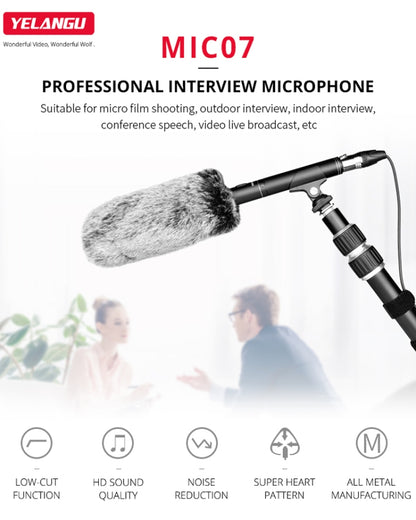 YELANGU YLG9933A MIC07 Professional Interview Condenser วิดีโอไมโครโฟน Shotgun พร้อมอะแดปเตอร์เสียง 6.5 มม. และสายสัญญาณเสียง RXL 3.5 มม.