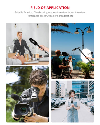 YELANGU YLG9933A MIC07 Professional Interview Condenser วิดีโอไมโครโฟน Shotgun พร้อมอะแดปเตอร์เสียง 6.5 มม. และสายสัญญาณเสียง RXL 3.5 มม.