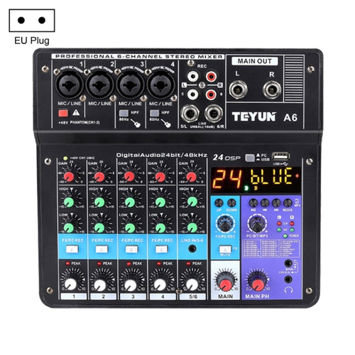 TEYUN NA6 6 ช่องคอนโซลผสมขนาดเล็กการ์ดเสียงโทรศัพท์มือถือถ่ายทอดสดคอมพิวเตอร์คอนโซลบันทึกโปรเซสเซอร์ปลั๊ก EU, NA6 EU Plug