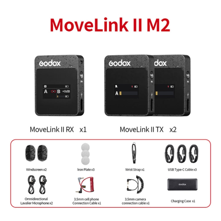 Godox MoveLink II M2 ระบบไมโครโฟนไร้สายแบบหนีบเสื้อพร้อมเครื่องส่งสัญญาณ 2 ตัวและตัวรับสัญญาณ 1 ตัวสำหรับกล้อง DSLR และกล้องวิดีโอ, MoveLink II M2