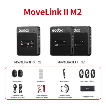 Godox MoveLink II M2 ระบบไมโครโฟนไร้สายแบบหนีบเสื้อพร้อมเครื่องส่งสัญญาณ 2 ตัวและตัวรับสัญญาณ 1 ตัวสำหรับกล้อง DSLR และกล้องวิดีโอ, MoveLink II M2