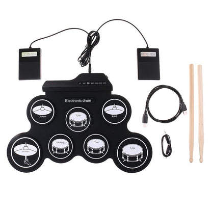 กลองอิเล็กทรอนิกส์ USB ม้วนมือซิลิโคนแบบพกพา รุ่นไอคอนสีดำ, Electronic Drum Black Icon Version