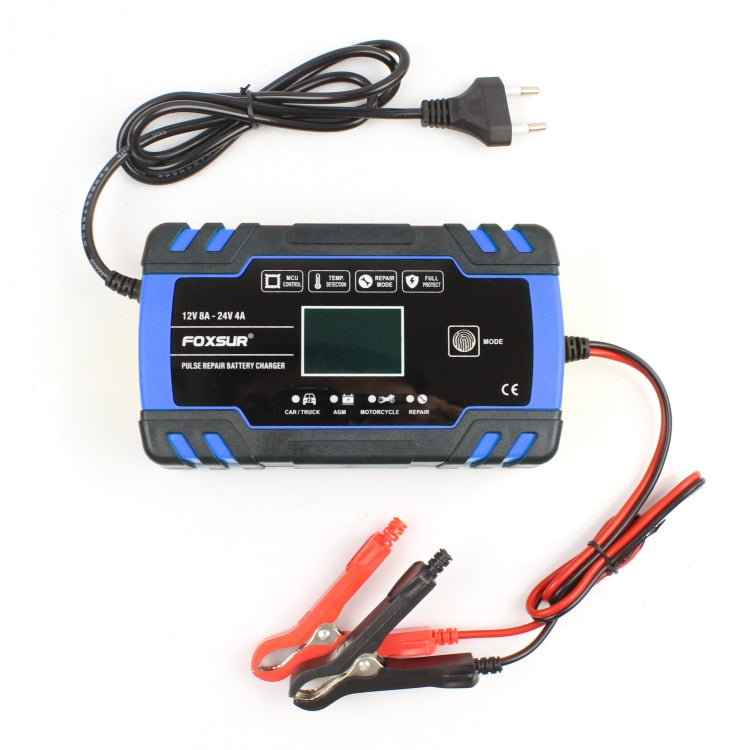FOXSUR 12V-24V รถยนต์รถจักรยานยนต์รถบรรทุกซ่อมเครื่องชาร์จแบตเตอรี่ AGM Charger, ปลั๊ก EU (สีน้ำเงิน), EU Plug Blue
