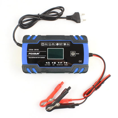 FOXSUR 12V-24V รถยนต์รถจักรยานยนต์รถบรรทุกซ่อมเครื่องชาร์จแบตเตอรี่ AGM Charger, ปลั๊ก EU (สีน้ำเงิน), EU Plug Blue