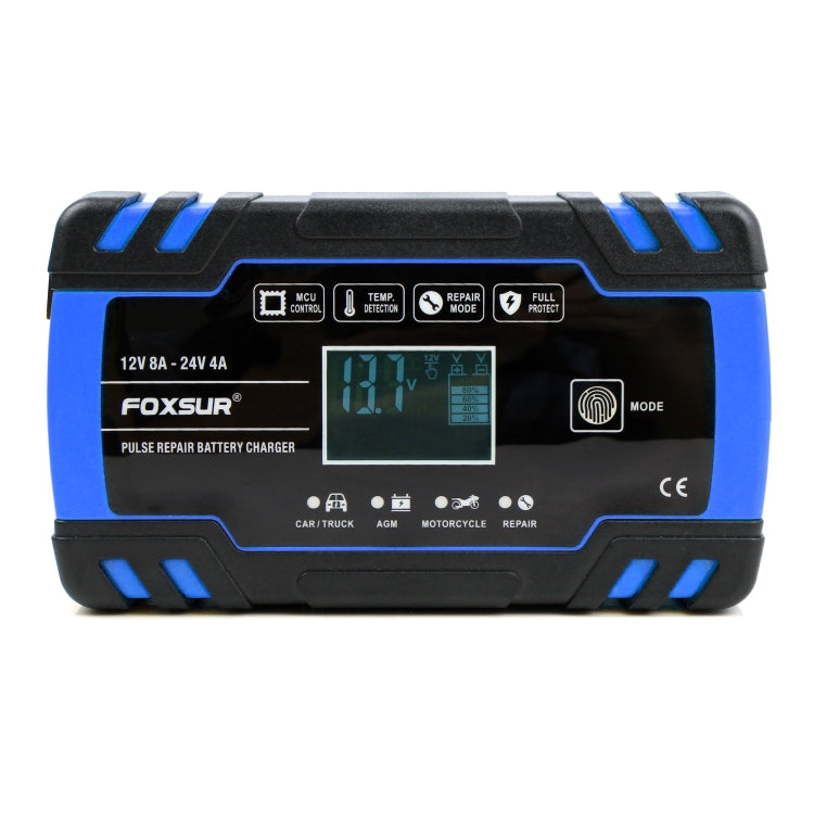 FOXSUR 12V-24V รถยนต์รถจักรยานยนต์รถบรรทุกซ่อมเครื่องชาร์จแบตเตอรี่ AGM Charger, ปลั๊ก EU (สีน้ำเงิน), EU Plug Blue