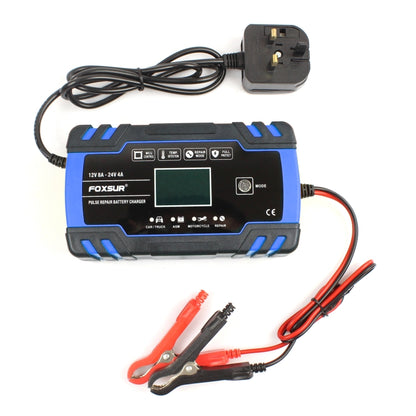 FOXSUR 12V-24V รถยนต์รถจักรยานยนต์รถบรรทุกซ่อมเครื่องชาร์จแบตเตอรี่ AGM Charger, UK Plug (สีน้ำเงิน), UK Plug Blue