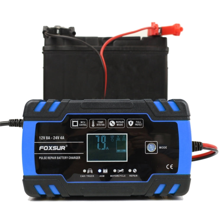 FOXSUR 12V-24V รถยนต์รถจักรยานยนต์รถบรรทุกซ่อมเครื่องชาร์จแบตเตอรี่ AGM Charger, UK Plug (สีน้ำเงิน), UK Plug Blue