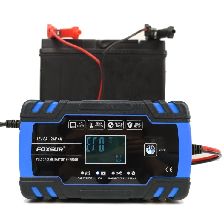 FOXSUR 12V-24V รถยนต์รถจักรยานยนต์รถบรรทุกซ่อมเครื่องชาร์จแบตเตอรี่ AGM Charger, UK Plug (สีน้ำเงิน), UK Plug Blue