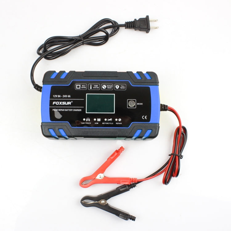 FOXSUR 12V-24V รถยนต์รถจักรยานยนต์รถบรรทุกซ่อมเครื่องชาร์จแบตเตอรี่ AGM Charger, US Plug (สีน้ำเงิน), US Plug Blue