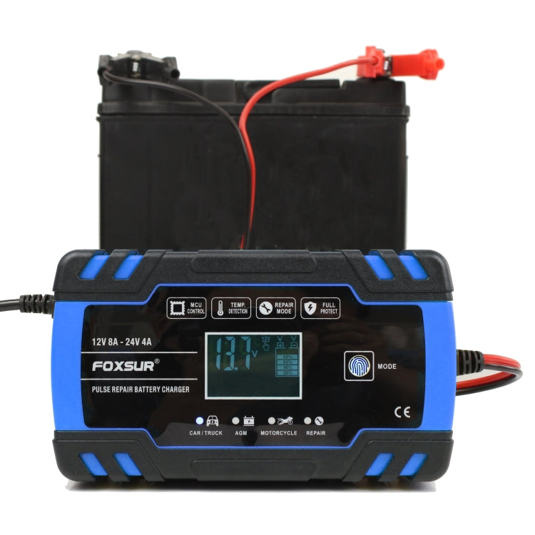 FOXSUR 12V-24V รถยนต์รถจักรยานยนต์รถบรรทุกซ่อมเครื่องชาร์จแบตเตอรี่ AGM Charger, US Plug (สีน้ำเงิน), US Plug Blue