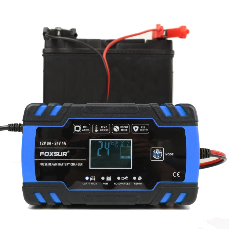 FOXSUR 12V-24V รถยนต์รถจักรยานยนต์รถบรรทุกซ่อมเครื่องชาร์จแบตเตอรี่ AGM Charger, US Plug (สีน้ำเงิน), US Plug Blue