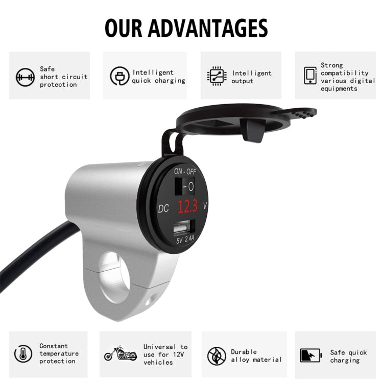 ZH-975A1 รถจักรยานยนต์อลูมิเนียมกันน้ำโทรศัพท์มือถือเครื่องชาร์จ USB เดี่ยวพร้อมโวลต์มิเตอร์สีแดง, ZH-975A1