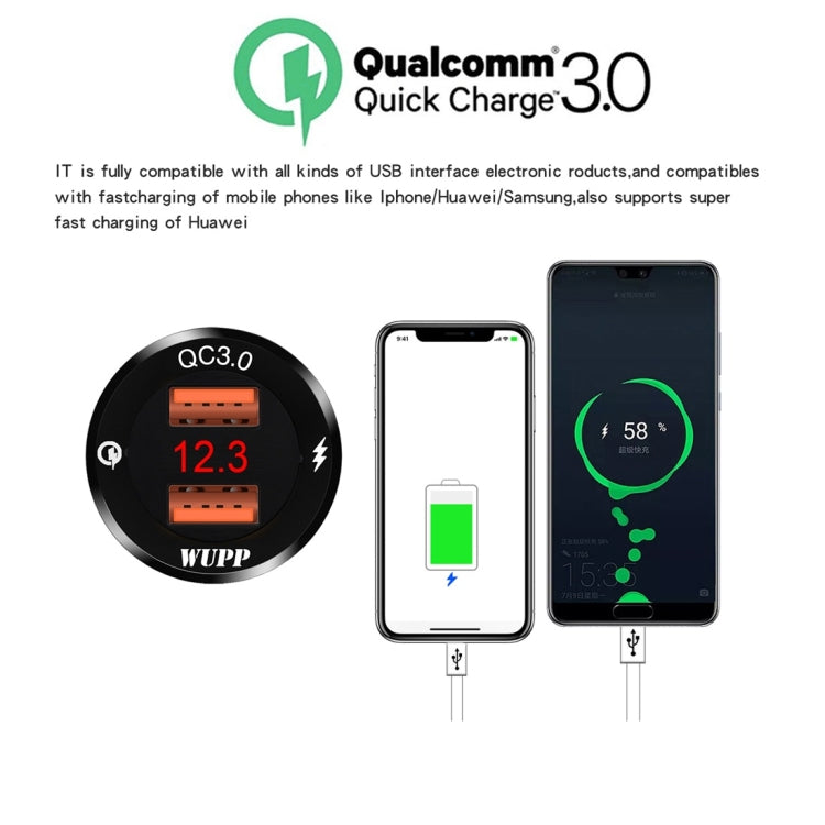 WUPP ZH-975A3 รถจักรยานยนต์อลูมิเนียมกันน้ำโทรศัพท์มือถือคู่ QC3.0 Quick Charger Charger พร้อมโวลต์มิเตอร์, ZH-975B3, ZH-975A3