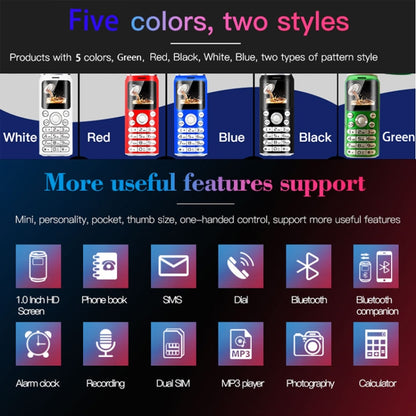 1.0 นิ้ว, หูฟัง Bluetooth Dialer แฮนด์ฟรี, เพลง MP3, สองซิม, เครือข่าย: 2G