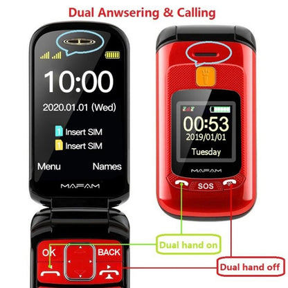 2.4 นิ้ว, 32MB + 32MB, รองรับ FM, SOS, GSM, หมายเลขครอบครัว, ปุ่มใหญ่, สองซิม, EU Plug