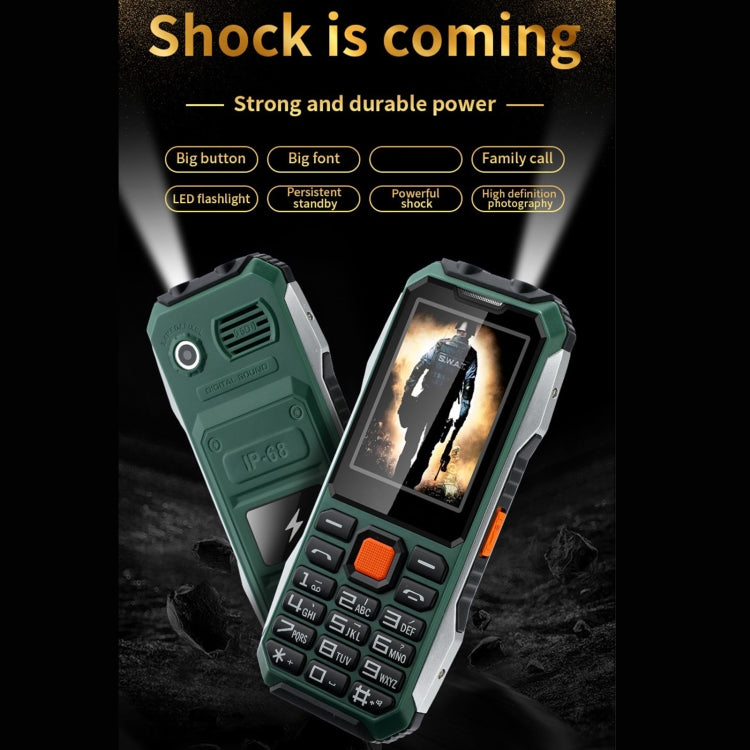 กันน้ำกันกระแทกกันฝุ่น, แบตเตอรี่ 6800mAh, 2.4 นิ้ว, 21 คีย์, ไฟฉาย LED, FM, SOS, Dual SIM, เครือข่าย: 4G