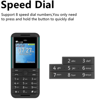 1.33 นิ้ว, MTK6261D, 21 คีย์, รองรับ Bluetooth, FM, Magic Sound, บันทึกการโทรอัตโนมัติ, GSM, Triple SIM, Russian Key