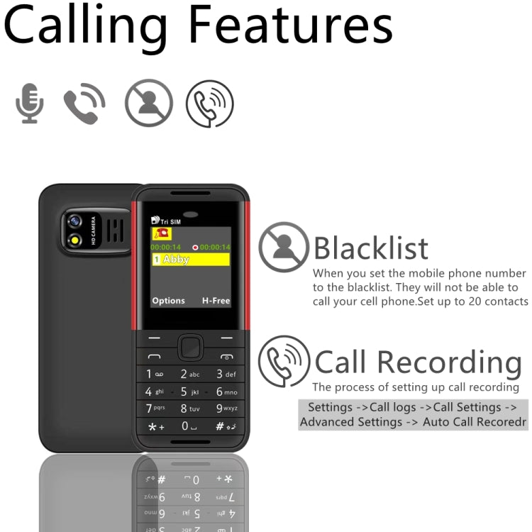1.33 นิ้ว, MTK6261D, 21 คีย์, รองรับ Bluetooth, FM, Magic Sound, บันทึกการโทรอัตโนมัติ, GSM, Triple SIM, Russian Key
