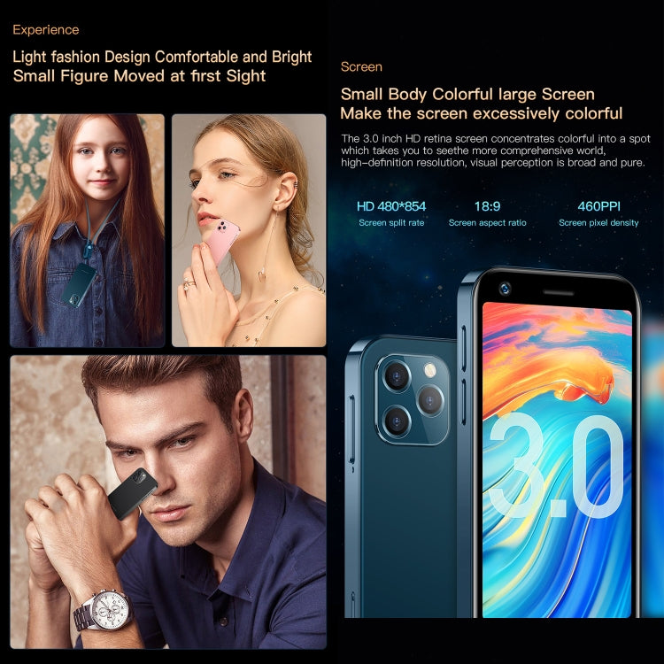 การจดจำใบหน้า, 3.0 นิ้ว Android 10.0 MTK6750 Octa Core, บลูทู ธ , WiFi, FM, OTG, เครือข่าย: 4G, สองซิม, รองรับ Google Play, 2GB+16GB