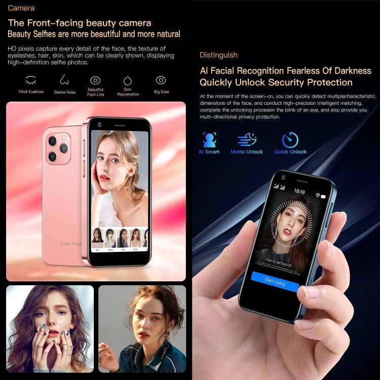 การจดจำใบหน้า, 3.0 นิ้ว Android 10.0 MTK6750 Octa Core, บลูทู ธ , WiFi, FM, OTG, เครือข่าย: 4G, สองซิม, รองรับ Google Play, 2GB+16GB
