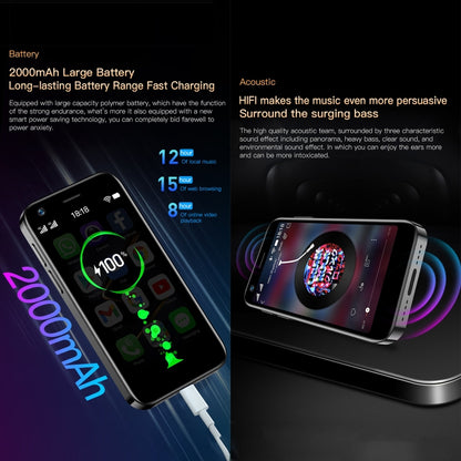 การจดจำใบหน้า, 3.0 นิ้ว Android 10.0 MTK6750 Octa Core, บลูทู ธ , WiFi, FM, OTG, เครือข่าย: 4G, สองซิม, รองรับ Google Play, 2GB+16GB