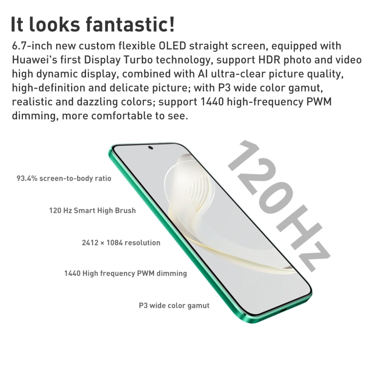 กล้องหลังคู่, การระบุลายนิ้วมือหน้าจอ, 6.7 นิ้ว HarmonyOS Qualcomm Snapdragon 778G 4G Octa Core สูงสุด 2.4GHz, เครือข่าย: 4G, OTG, NFC, ไม่รองรับ Google Play, nova 11 256GB
