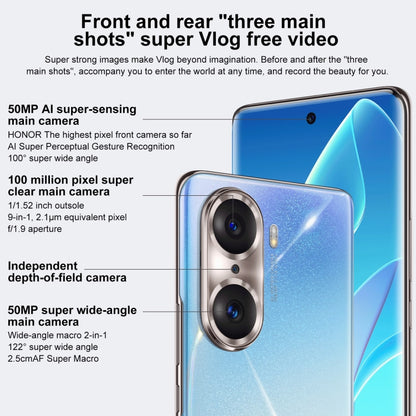 กล้องหลังสามตัว, ระบุลายนิ้วมือบนหน้าจอ, Magic UI 6.78 นิ้ว 5.0 Qualcomm Snapdragon 778G Plus 6nm Octa Core สูงถึง 2.5GHz, เครือข่าย: 5G, OTG, NFC, ไม่รองรับ Google Play, 60 Pro 5G 8GB+256GB
