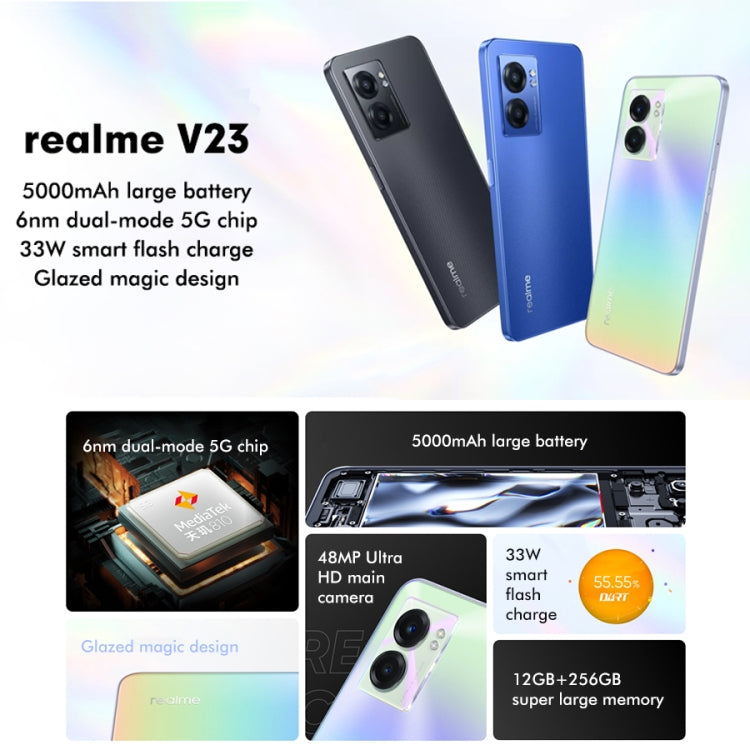 กล้องด้านหลังคู่, การระบุลายนิ้วมือด้านข้าง, แบตเตอรี่ 5000mAh, 6.58 นิ้ว Realme UI 3.0 / Android 12 MediaTek Dimensity 810 Octa Core สูงสุด 2.4GHz, เครือข่าย: 5G, รองรับ Google Play, 12GB+256GB