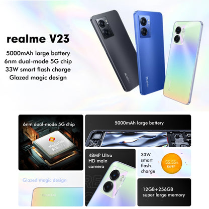 กล้องด้านหลังคู่, การระบุลายนิ้วมือด้านข้าง, แบตเตอรี่ 5000mAh, 6.58 นิ้ว Realme UI 3.0 / Android 12 MediaTek Dimensity 810 Octa Core สูงสุด 2.4GHz, เครือข่าย: 5G, รองรับ Google Play, 12GB+256GB
