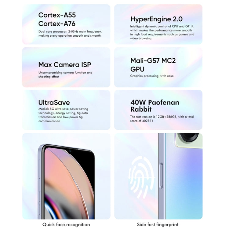 กล้องด้านหลังคู่, การระบุลายนิ้วมือด้านข้าง, แบตเตอรี่ 5000mAh, 6.58 นิ้ว Realme UI 3.0 / Android 12 MediaTek Dimensity 810 Octa Core สูงสุด 2.4GHz, เครือข่าย: 5G, รองรับ Google Play, 12GB+256GB