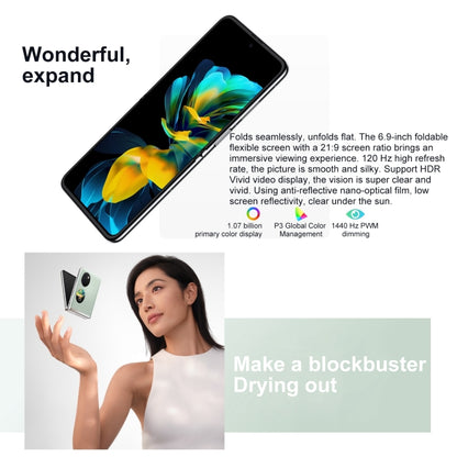 กล้องหลังคู่, ระบุลายนิ้วมือด้านข้าง, 6.9 นิ้ว + 1.04 นิ้ว HarmonyOS 3.0 Snapdragon 778G Octa Core สูงสุด 2.42GHz, เครือข่าย: 4G, OTG, NFC, ไม่รองรับ Google Play, 128GB Pink, 128GB Mint Green, 128GB Obsidian Black, 128GB Silver