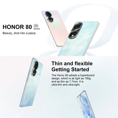 กล้องหลังสามตัว, ระบุลายนิ้วมือบนหน้าจอ, Magic UI 7.0 ขนาด 6.67 นิ้ว Qualcomm Snapdragon 782G Octa Core สูงสุด 2.7GHz, เครือข่าย: 5G, OTG, NFC, ไม่รองรับ Google Play, Honor 80 5G, 8GB+256GB