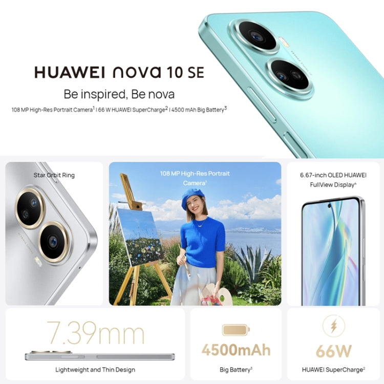 กล้องหลังสามเท่า + กล้องหน้าเดี่ยว, ระบุลายนิ้วมือด้านข้าง, HarmonyOS 2.0.1 ขนาด 6.67 นิ้ว Qualcomm Snapdragon 680 Octa Core, เครือข่าย: 4G, OTG, NFC, ไม่รองรับ Google Play, nova 10 SE 256GB