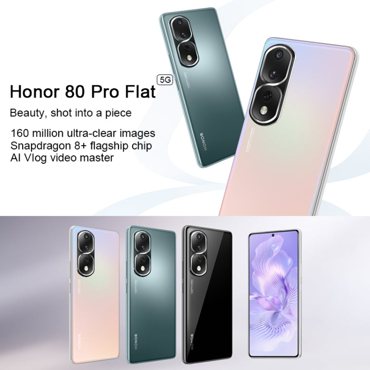 กล้องหลังสามตัว, ระบุลายนิ้วมือบนหน้าจอ, Magic UI 7.0 ขนาด 6.67 นิ้ว Qualcomm Snapdragon 8+ Gen1 Octa Core สูงสุด 3.0GHz, เครือข่าย: 5G, OTG, NFC, ไม่รองรับ Google Play, Honor 80 Pro Flat 5G, 12GB+256GB