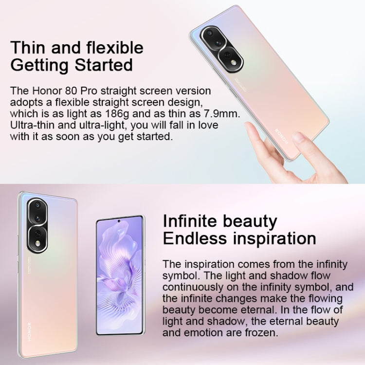 กล้องหลังสามตัว, ระบุลายนิ้วมือบนหน้าจอ, Magic UI 7.0 ขนาด 6.67 นิ้ว Qualcomm Snapdragon 8+ Gen1 Octa Core สูงสุด 3.0GHz, เครือข่าย: 5G, OTG, NFC, ไม่รองรับ Google Play, Honor 80 Pro Flat 5G, 12GB+256GB