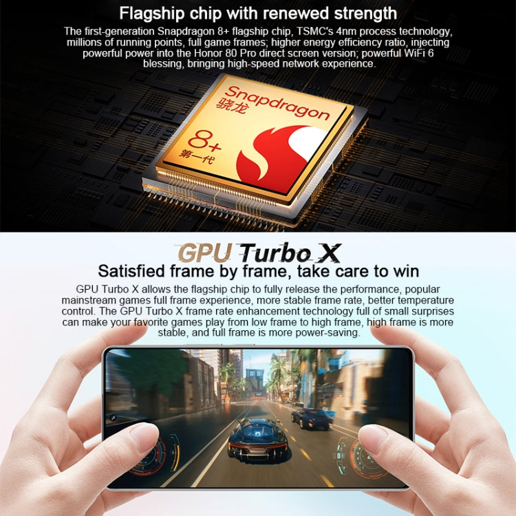 กล้องหลังสามตัว, ระบุลายนิ้วมือบนหน้าจอ, Magic UI 7.0 ขนาด 6.67 นิ้ว Qualcomm Snapdragon 8+ Gen1 Octa Core สูงสุด 3.0GHz, เครือข่าย: 5G, OTG, NFC, ไม่รองรับ Google Play, Honor 80 Pro Flat 5G, 12GB+256GB
