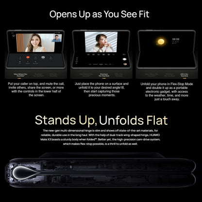 กล้องสามตัว, ID ใบหน้าและการระบุลายนิ้วมือด้านข้าง, แบตเตอรี่ 5060mAh, หน้าจอ 7.85 นิ้ว + 6.4 นิ้ว, HarmonyOS 3.1 Snapdragon 8+ 4G Octa Core สูงสุด 3.2GHz, เครือข่าย: 4G, OTG, NFC, ไม่รองรับ Google Play, 1TB