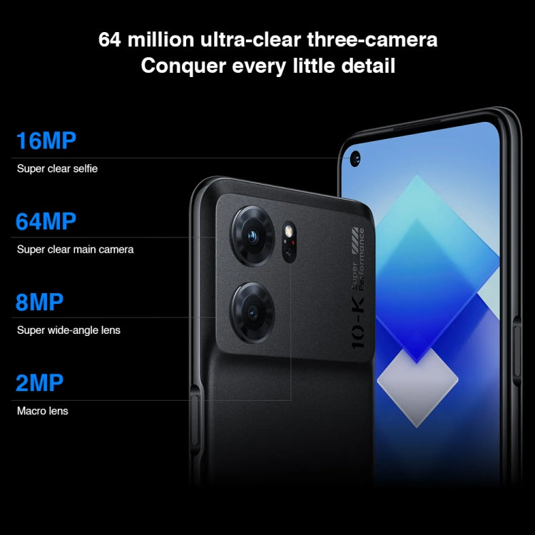กล้องด้านหลังสามเท่า, การระบุลายนิ้วมือด้านข้าง, ColorOS 12.1 ขนาด 6.59 นิ้ว, 8000-MAX Octa Core สูงสุด 2.75Ghz, เครือข่าย: 5G, รองรับ Google Play, 12GB+256GB