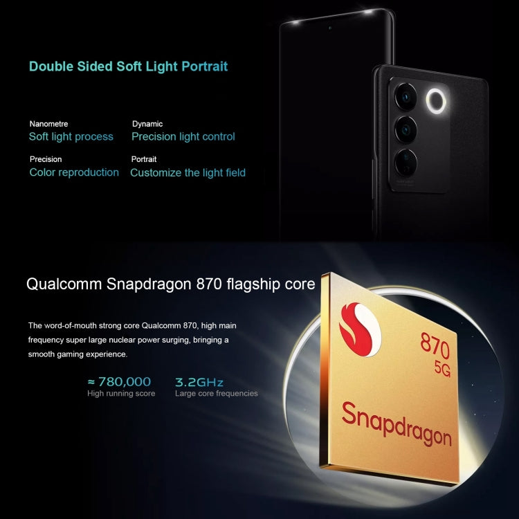 กล้องด้านหลังสามตัว, การระบุลายนิ้วมือ Srceen, แบตเตอรี่ 4600mAh, 6.78 นิ้ว Android 13 OriginOS 3 Qualcomm Snapdragon 870 Octa Core สูงสุด 3.2GHz, OTG, NFC, เครือข่าย: 5G, 12GB+256GB
