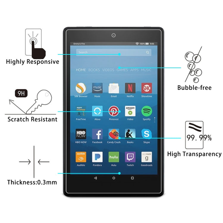 ฟิล์มกระจกนิรภัยแบบเต็มหน้าจอ 0.3 มม. 9H สำหรับ Amazon Kindle Fire HD 8 2016, For Fire HD 8 2016 (1pc)