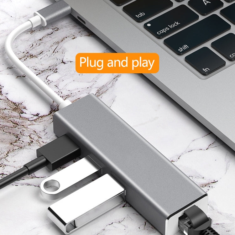 USB-C / Type-C เป็น Gigabit Ethernet RJ45 และ 3 x USB 3.0 อะแดปเตอร์แปลง HUB, คอมพิวเตอร์แท็บเล็ตภายนอกโทรศัพท์ Universal, Gigabit Ethernet