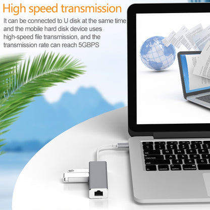 USB-C / Type-C เป็น Gigabit Ethernet RJ45 และ 3 x USB 3.0 อะแดปเตอร์แปลง HUB, คอมพิวเตอร์แท็บเล็ตภายนอกโทรศัพท์ Universal, Gigabit Ethernet