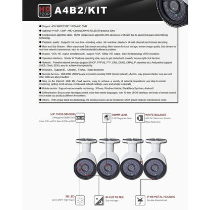 A4B2 4Ch Bullet IP Camera NVR Kit, รองรับการมองเห็นตอนกลางคืน / การตรวจจับความเคลื่อนไหว, ระยะ IR: 20 ม., A4B2/Kit 720P, A4B2/Kit 1080P, A4B2/Kit 960P
