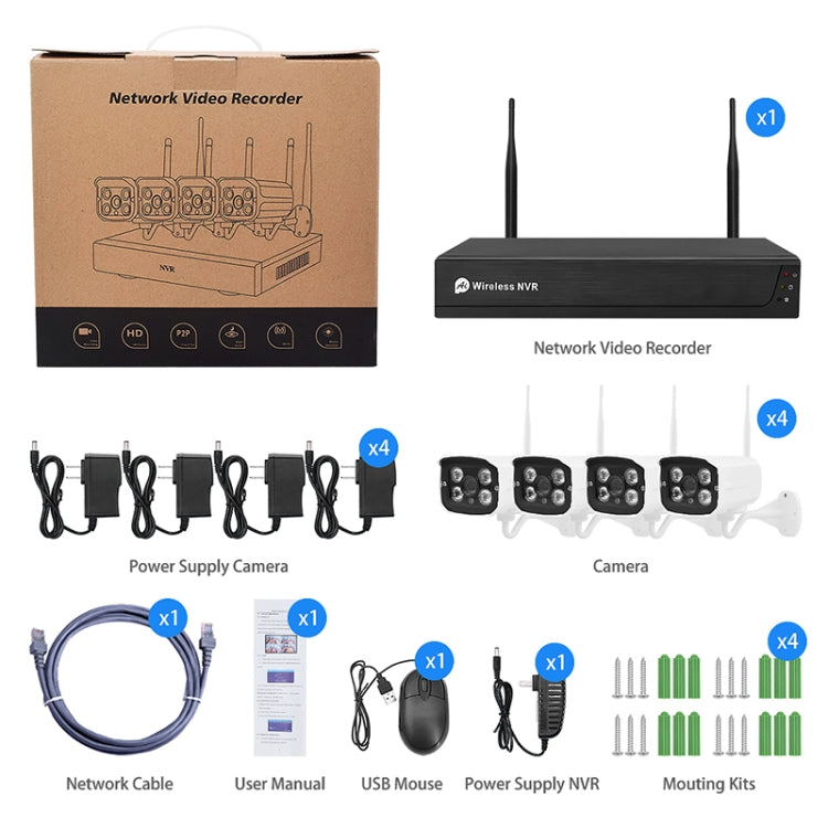 QS200-4 2.0MP 1080P HD เครื่องบันทึกวิดีโอเครือข่ายชุดกล้องไร้สาย