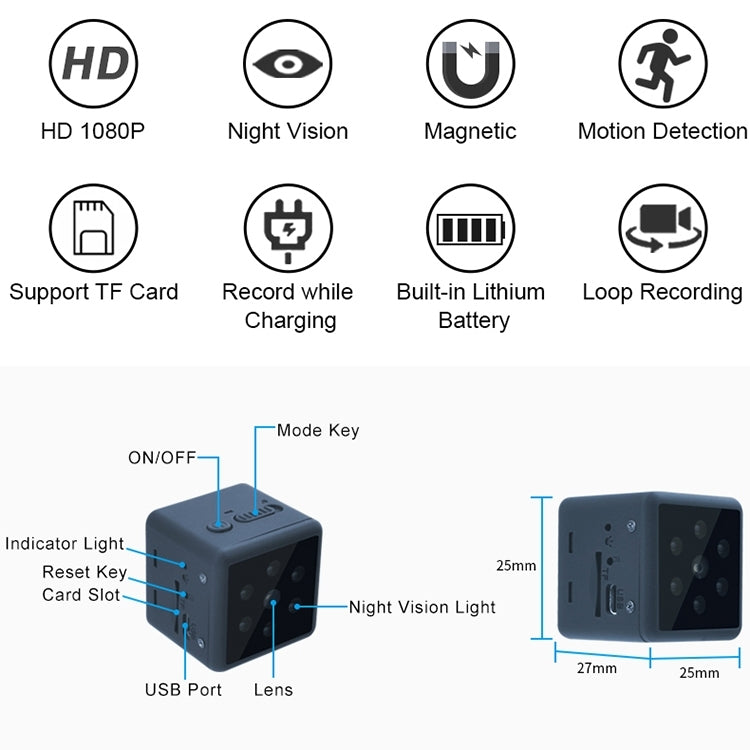 MD25 1080P กล้องสมาร์ท HD ที่สวมใส่ได้กล้องกีฬาไร้สายรองรับการมองเห็นกลางคืนอินฟราเรด / การตรวจจับการเคลื่อนไหว / การ์ด TF, MD25