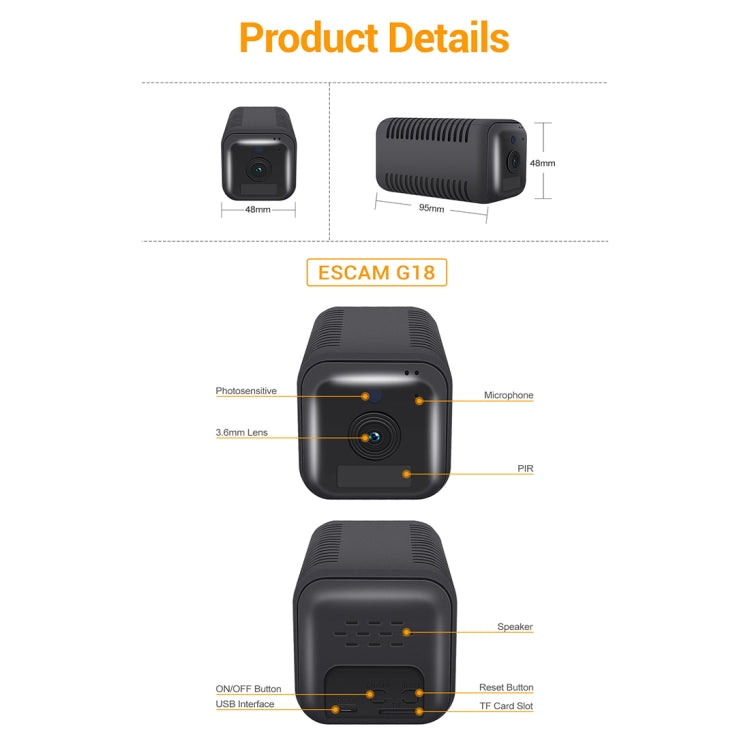 ESCAM G18 1080P Full HD แบตเตอรี่ชาร์จ WiFi กล้อง IP, รองรับการมองเห็นตอนกลางคืน / การตรวจจับการเคลื่อนไหว PIR / การ์ด TF / เสียงสองทาง, G18
