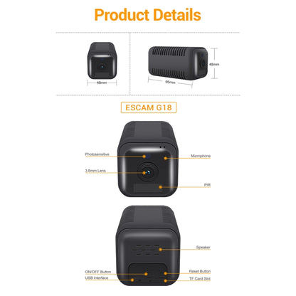 ESCAM G18 1080P Full HD แบตเตอรี่ชาร์จ WiFi กล้อง IP, รองรับการมองเห็นตอนกลางคืน / การตรวจจับการเคลื่อนไหว PIR / การ์ด TF / เสียงสองทาง, G18