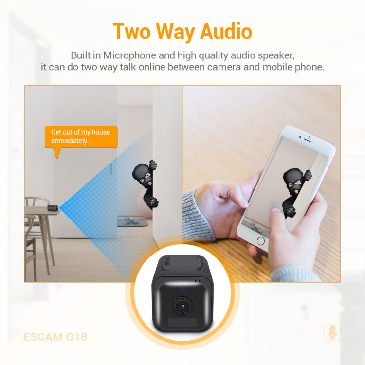 ESCAM G18 1080P Full HD แบตเตอรี่ชาร์จ WiFi กล้อง IP, รองรับการมองเห็นตอนกลางคืน / การตรวจจับการเคลื่อนไหว PIR / การ์ด TF / เสียงสองทาง, G18